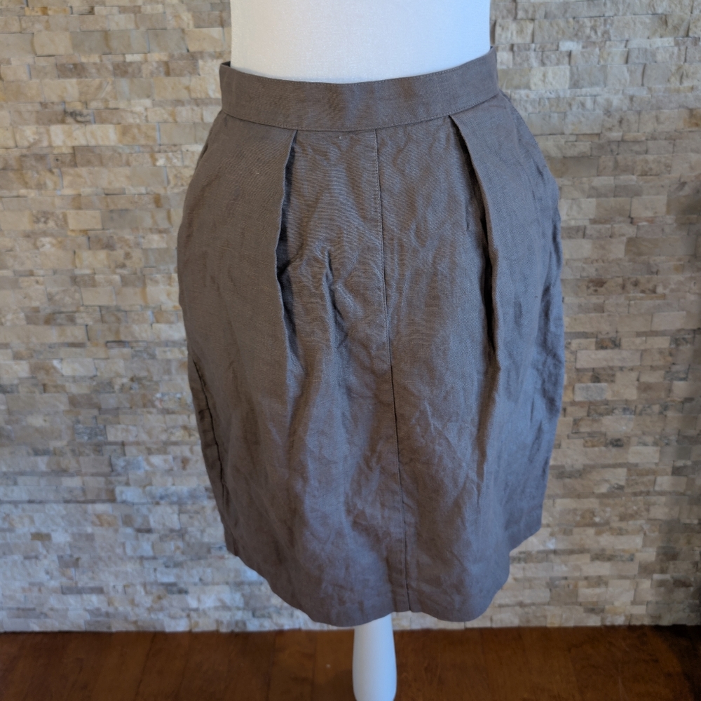 Vintage Finity Taupe Linen Pleated Knee Length Skirt Size 12 Small Natural Eco image 2